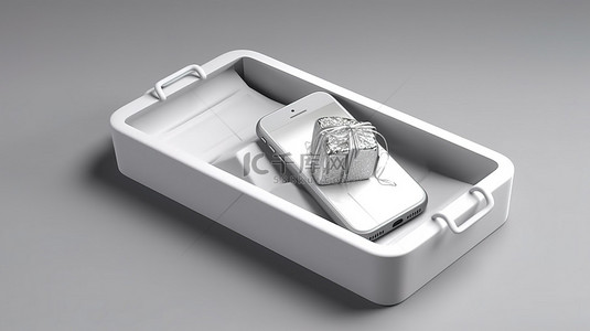 电信诈骗四个背景图片_3D 渲染隔离白色礼品盒，显示手机