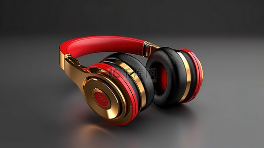 适合音乐爱好者的无线音频耳机逼真的 3D 渲染与简约的红色和金色耳机