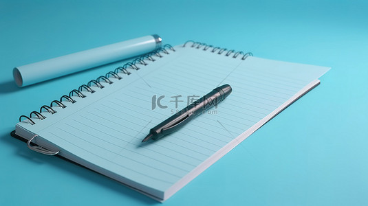 笔和记事本在淡蓝色背景下的 3d 渲染