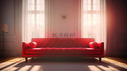 充满阳光的客厅的 3D 插图，配有宽敞的红色沙发