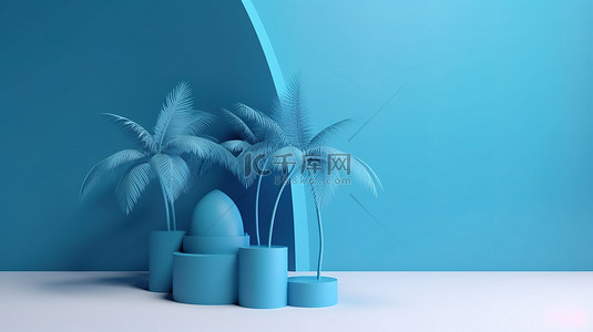 产品介绍模板蓝色背景图片_抽象棕榈树圣诞节模板 3d 蓝色讲台与文本空间