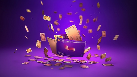 紫色背景上带有浮动硬币的钱包和信用卡插图，强调在无现金社会中省钱