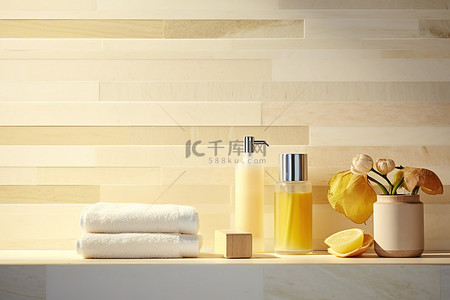 浴室毛巾背景图片_浴室柜台配有镜子毛巾洗发水和肥皂