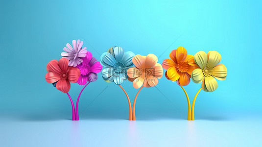 四朵充满活力的 3D 花朵排列在天蓝色背景下，非常适合网页和横幅设计