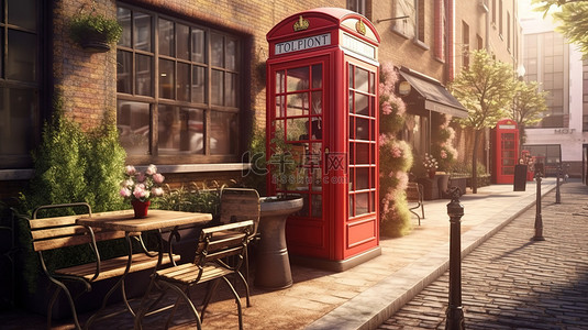 伦敦城市背景图片_从独特的角度捕捉伦敦街道，以 3D 渲染的电话亭自行车和咖啡馆为特色