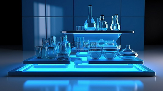 蓝色展示柜中渲染的 3D 产品展示