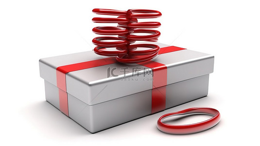 红丝带装饰的礼盒释放金属弹簧，带有空白横幅，白色背景 3d 渲染