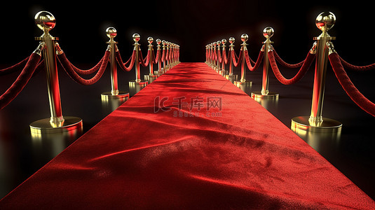 活动贵宾背景图片_金色屏障和绳索为 3D 渲染中的红色活动地毯增添了魅力