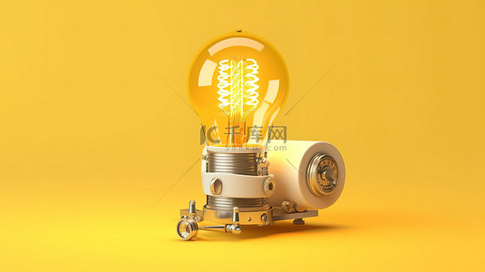 灯泡教育背景图片_创新概念灯泡照亮了 3D 渲染的阳光明媚的黄色背景上的老式打字机