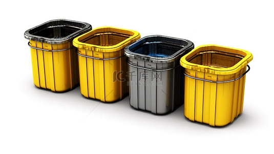 垃圾垃圾桶背景图片_3D 渲染中空白背景上描绘的四垃圾桶