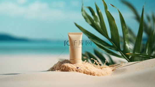 夏天度假沙滩背景图片_防晒海边植物护肤背景