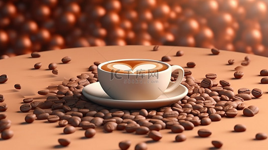 芳香杯爪哇和 3D 渲染背景中现实咖啡豆的心形排列