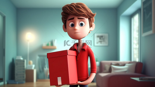 穿着红色背心的 3D 渲染角色在搬到新住所或工作场所时携带一个盒子