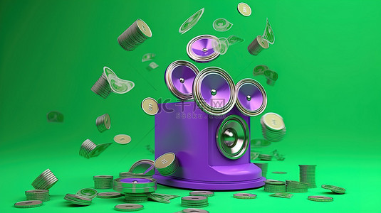 紫色背景上充满活力的 3D 绿色扬声器，伴随着飞行的通用硬币