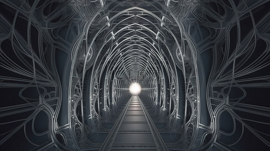 灰色装饰品背景图片_霓虹灯照明的对称灰色隧道，带有 4k 超高清 3D 插图中的抽象装饰品