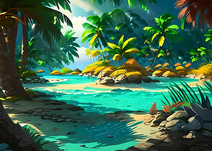 卡通大海边框背景图片_海滩海滨椰树绿色丛林插画