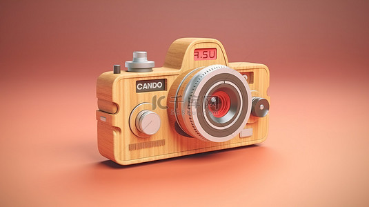 带有社交媒体图钉图标的老式木制胶片相机的 3D 渲染插图
