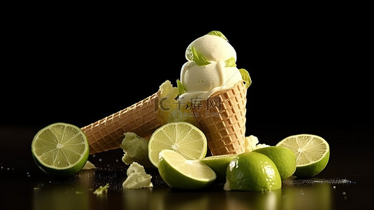 冰淇淋勺背景图片_热情的酸橙喜悦奶油勺酸橙冰淇淋，配有脆皮华夫饼锥和清爽的酸橙装饰 3D 渲染图像