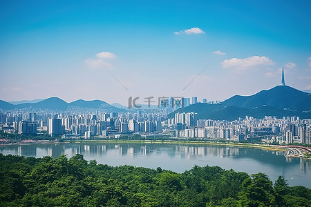 水桥城市背景图片_有水的首尔城市山城市和水