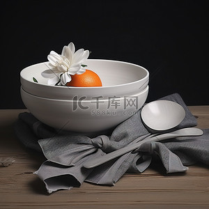 一张桌子，上面有一个碗和一朵橙花
