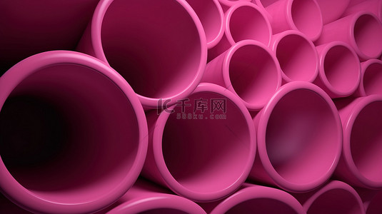以 3D 渲染的三个粉红色管，具有带有几何图案的单色背景