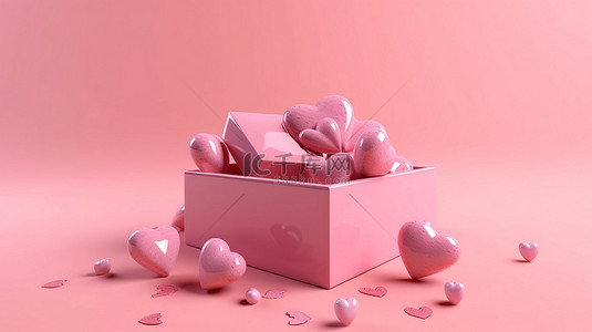 有丝带的爱心背景图片_最小的 3d 礼品盒渲染，粉红色背景上有红心