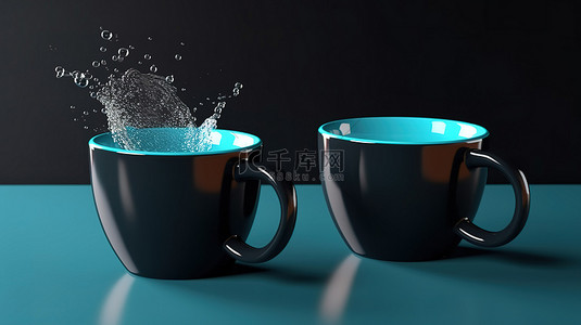 黑色的盖子背景图片_两个热气腾腾的咖啡杯悬停在蓝色背景上，带有 3D 描绘的黑色盖子
