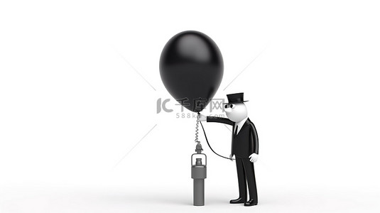 3d 渲染黑色手气泵为白色背景的人持有的美元气球充气