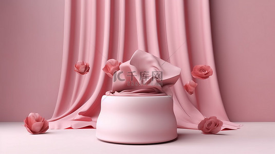 复古玫瑰背景背景图片_动态织物覆盖在复古玫瑰支架上，用于豪华化妆品展示 3D 渲染