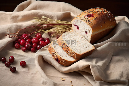 小麦地面背景图片_布上的蔓越莓和小麦面包
