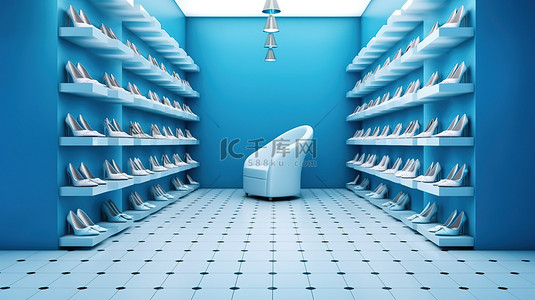 高端精品店蓝色和白色鞋跟系列的 3D 插图