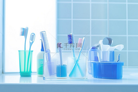 欧式浴室柜背景图片_有蓝色刷子和牙膏的浴室柜台上有牙刷