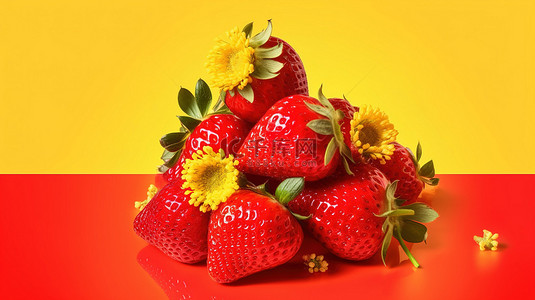 充满活力的黄色背景上草莓艺术拼贴画的 3D 插图