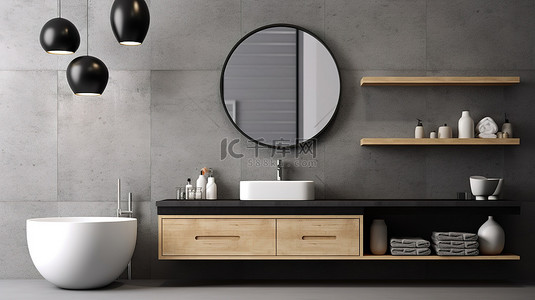 现代浴室家具在 3D 渲染与灰色混凝土地板墙镜子白色水槽和黑色口音