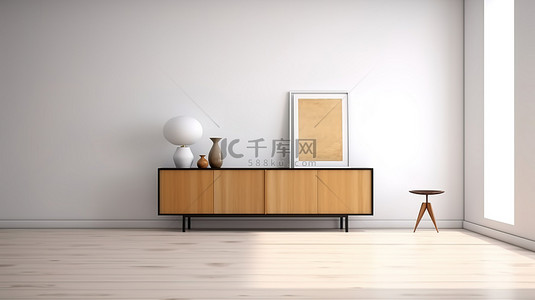 简约家具风格背景图片_3D 渲染空房间，白色墙壁和简约风格的时尚餐具柜