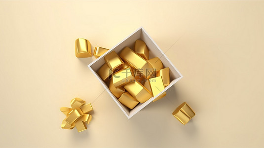3D 渲染中从上方查看的金色丝带礼品盒