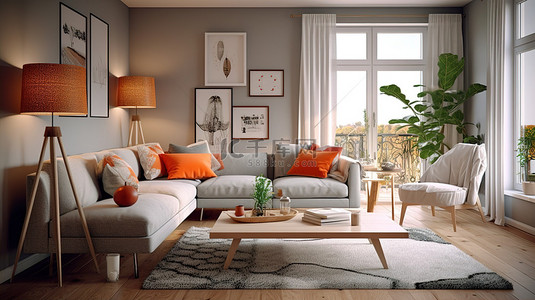 温馨宜人的客厅中现代家具的 3D 渲染