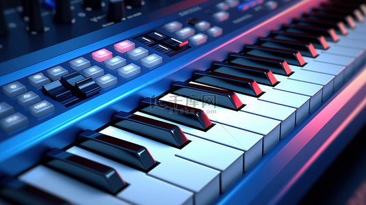 音乐播放键背景图片_蓝色 Midi 键盘上 3D 渲染合成键的特写
