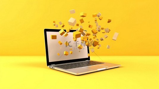 在充满活力的黄色柔和背景上飞行的动画笔记本电脑图标