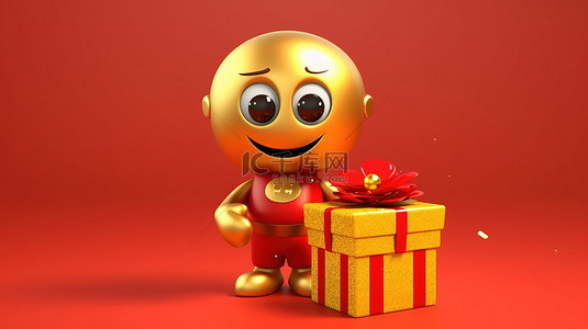 3D 渲染金币吉祥物，配有礼品盒和红丝带，在充满活力的黄色背景上提供忠诚度计划奖金