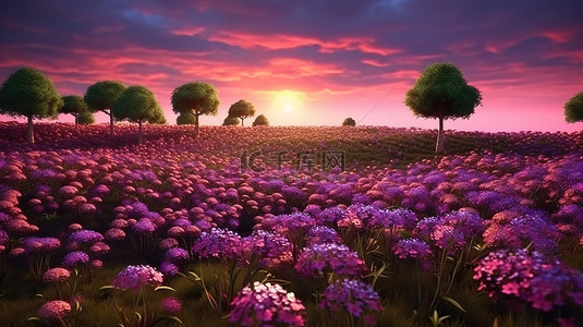 风景晚上背景图片_晚上花卉种植园景观的 3D 渲染