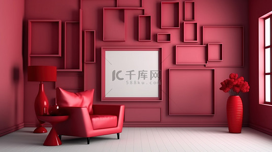 带红色矩形相框和配件的单色室内房间的 3D 渲染