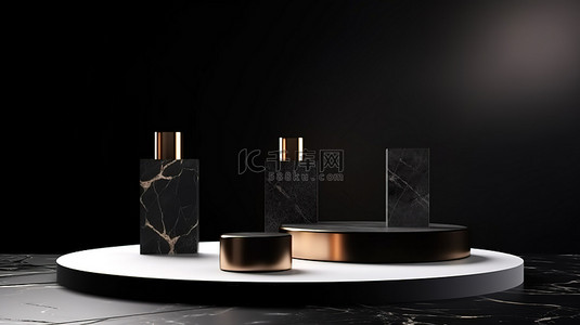 黑色大理石六角形化妆台，深色背景上带有金色圆柱台，以 3D 渲染图说明