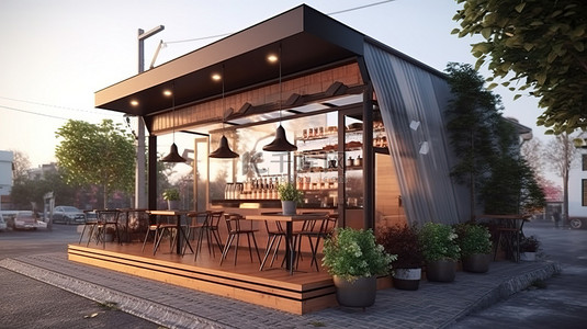 招牌背景图片_建筑设计的户外咖啡店的 3D 插图，带有横幅和菜单模型