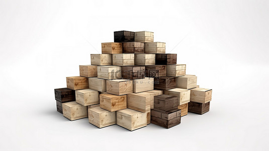 空白画布上巧妙堆叠的木箱 3D 可视化