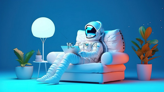 夜间，太空探索者在沙发上拿着笔记本电脑放松身心，在蓝色背景下呈现令人惊叹的 3D 渲染