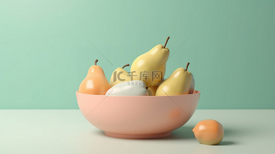 饮食背景背景图片_极简主义的 3d 场景孤立的梨放在碗上，背景柔和