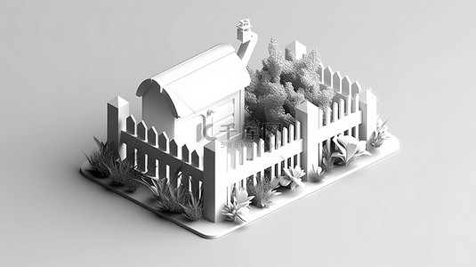 白色花园围栏和邮箱的单色 3D 等距图标