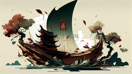 海中式背景图片_轮船海树背景中国风