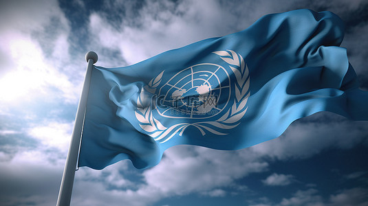 vans标志背景图片_在 3D 渲染风浪中平滑地挥舞着联合国旗帜在旗帜上流动
